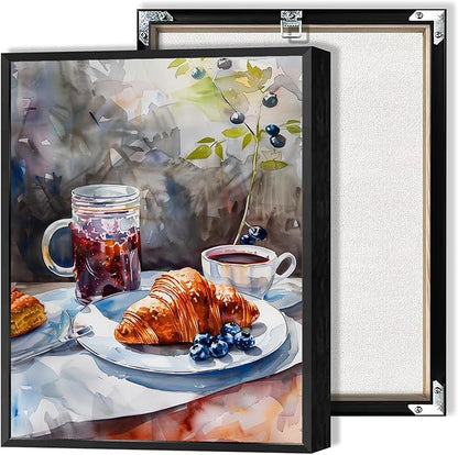 Vintage Coffee Food Kitchen Wall Art Colorful Bread Pastries Drinks Canvas Posters Funky Dining Table Plates Afternoon Tea Prints Painting For Modern Dining Room Cafe Wall Decor 12x16in Framed