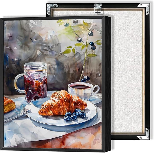 Vintage Coffee Food Kitchen Wall Art Colorful Bread Pastries Drinks Canvas Posters Funky Dining Table Plates Afternoon Tea Prints Painting For Modern Dining Room Cafe Wall Decor 12x16in Framed