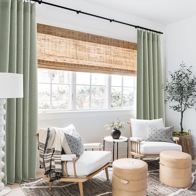 RYB HOME Linen Sheer Curtains and Drapes for Living Room and Dining Room 63 inches Length, Breathable Back Tab/Rod Pocket Semi Sheer Curtains, Sage Green, W 52 x L 63 inches, 2 Panels Set