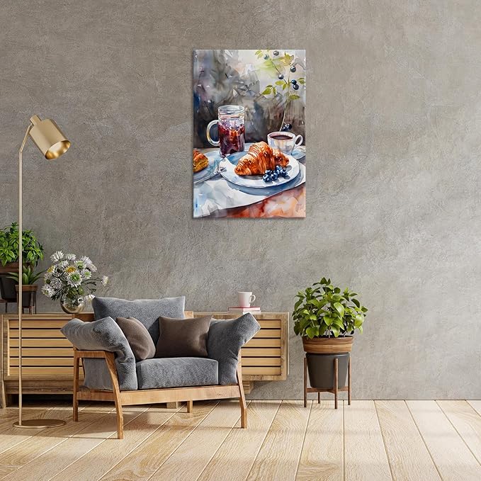 Vintage Coffee Food Kitchen Wall Art Colorful Bread Pastries Drinks Canvas Posters Funky Dining Table Plates Afternoon Tea Prints Painting For Modern Dining Room Cafe Wall Decor 8x10in Framed
