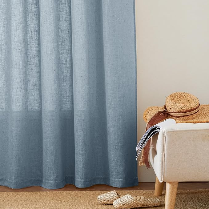 RYB HOME Linen Texture Curtains for Short Window Treatments, Semi Transparent Breathable Fabric Lightweight for Kitchen Bathroom Bedroom, W 52 x L 36 inches, Dusty Blue, 2 Panels