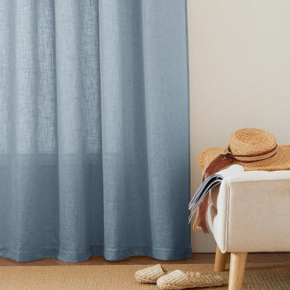 RYB HOME Linen Texture Curtains for Short Window Treatments, Semi Transparent Breathable Fabric Lightweight for Kitchen Bathroom Bedroom, W 52 x L 36 inches, Dusty Blue, 2 Panels