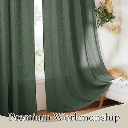 RYB HOME Linen Blended Curtains - Back Tab Vintage Thick Linen Burlap Light Filtering Decorative Sheer for Bedroom Living Room Home Office, W 52" x L 95", 2 Pcs, Hunter Green