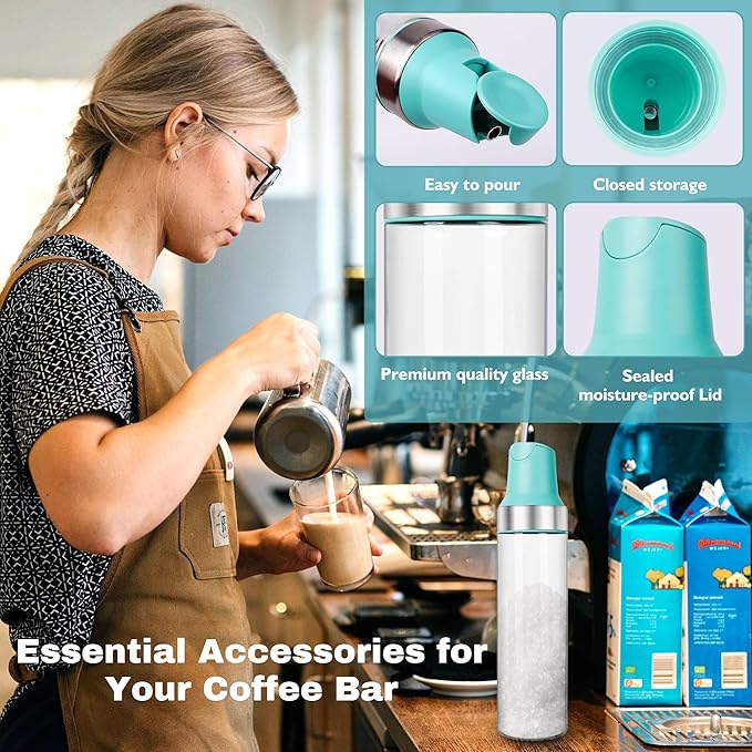 Sugar Dispenser with Pour Spout, 17 oz Glass Sugar Shaker Jar Creamer Dispenser Weighted Pourer for Coffee Bar,Tea & Baking, Sugar Container for Home Kitchen, Lake Blue