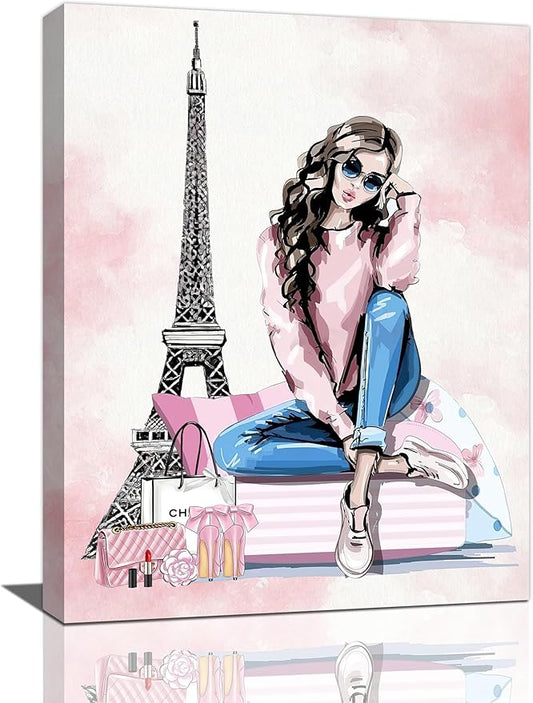 Pink Fashion Girls Wall Art Paris Glam Woman Pictures Room Decor Female Canvas Painting Print Eiffel Tower Home Makeup Artwork Decorations Framed for Bathroom Living Room Bedroom Office 20 x 24 inch
