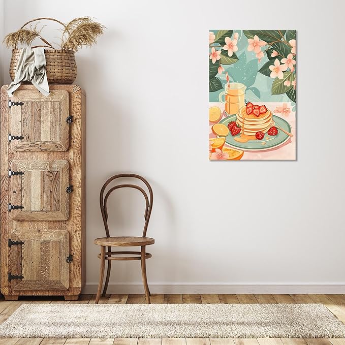 Vintage Food Afternoon Tea Kitchen Wall Art Funny Drinks Fruits Food Pastries Canvas Posters Funky Pink Strawberry Cake Orange Flowers Prints Painting For Living Room Wall Decor 8x10in Framed