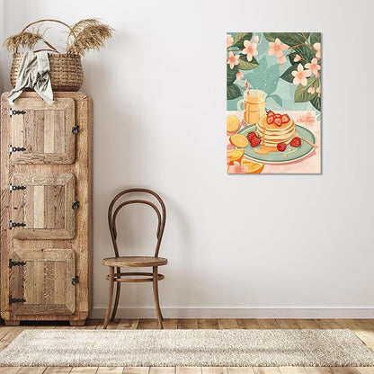 Vintage Food Afternoon Tea Kitchen Wall Art Funny Drinks Fruits Food Pastries Canvas Posters Funky Pink Strawberry Cake Orange Flowers Prints Painting For Living Room Wall Decor 8x10in Framed