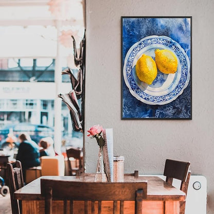 Vintage Yellow Fruit Orange Kitchen Wall Art Funky Blue Dining Table Plates Ceramics Canvas Posters Family Restaurant Food Fruits Prints Painting For Modern Living Room Wall Decor 16x24in Framed