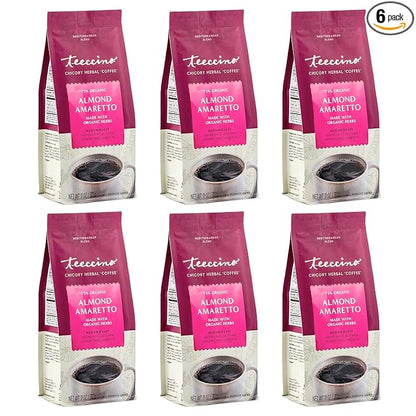 Teeccino Almond Amaretto Chicory Coffee Alternative - Ground Herbal Coffee That’s Prebiotic, Caffeine Free & Acid Free, Medium Roast, 11 Ounce (Pack of 6)