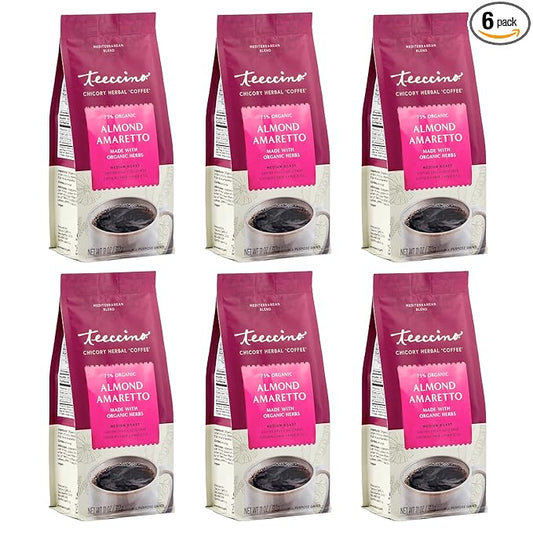Teeccino Almond Amaretto Chicory Coffee Alternative - Ground Herbal Coffee That’s Prebiotic, Caffeine Free & Acid Free, Medium Roast, 11 Ounce (Pack of 6)
