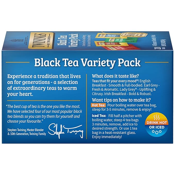 Twinings Variety Pack Black Tea Bags, 20 Count (Pack of 6), Includes English Breakfast, Early Grey, Irish Breakfast, and Lady Grey, Caffeinated, Enjoy Hot or Iced | Packaging May Vary