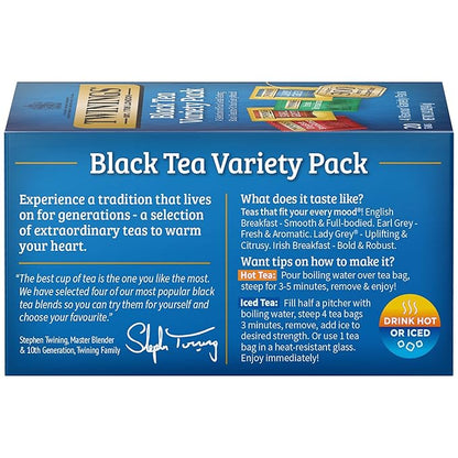 Twinings Variety Pack Black Tea Bags, 20 Count (Pack of 6), Includes English Breakfast, Early Grey, Irish Breakfast, and Lady Grey, Caffeinated, Enjoy Hot or Iced | Packaging May Vary
