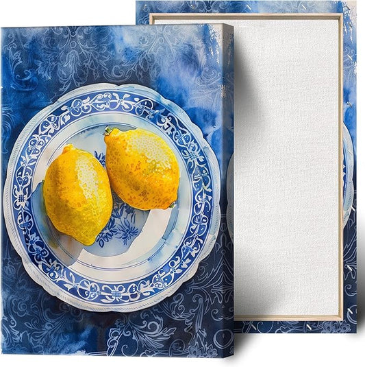 Vintage Yellow Fruit Orange Kitchen Wall Art Funky Blue Dining Table Plates Ceramics Canvas Posters Family Restaurant Food Fruits Prints Painting For Modern Living Room Wall Decor 8x10in Framed