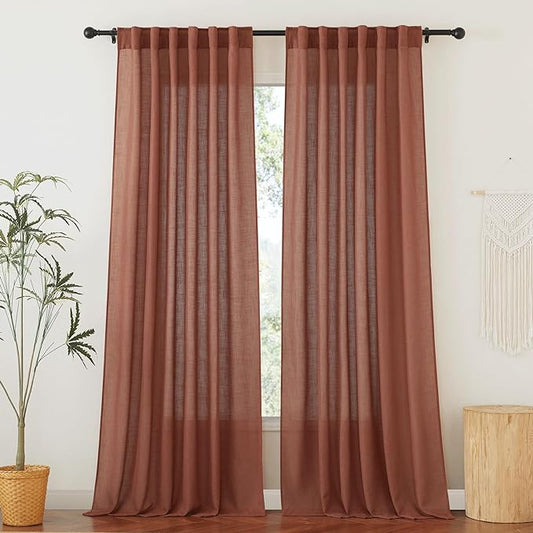 RYB HOME Flax Linen Blend Curtains 90 inches Long for Dining Room, Semi Translucent Wrinkle Resistance Washable Sheer for Laundry Room Bathroom, W 52 x L 90 inches, Terracotta, 2 Panels