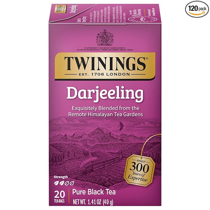 Twinings Darjeeling Black Tea Individually Wrapped Bags, 20 Count (Pack of 6), Delicate Light Taste, Caffeinated, Enjoy Hot or Iced | Packaging May Vary