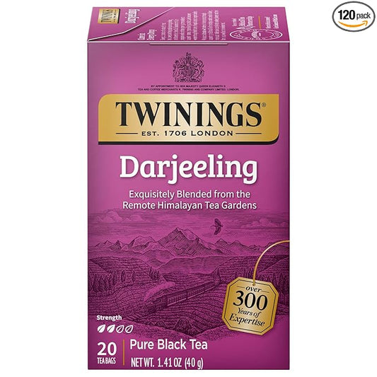 Twinings Darjeeling Black Tea Individually Wrapped Bags, 20 Count (Pack of 6), Delicate Light Taste, Caffeinated, Enjoy Hot or Iced | Packaging May Vary