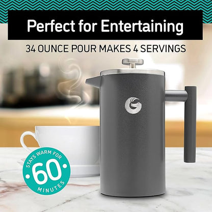 Coffee Gator French Press Coffee Maker, Stainless Steel, 34oz – Insulated Double Wall, Prensa Francesa Para Cafe, Tea Press, Glass & Small French Press Silver