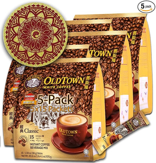 5-Pack OLDTOWN White Coffee 3 in 1 Asian Instant Coffee Package with a Cork Coaster, old town White Coffee 75 Packets with a Random Flavor Sample Packet (15 Count (Pack of 5), Classic)