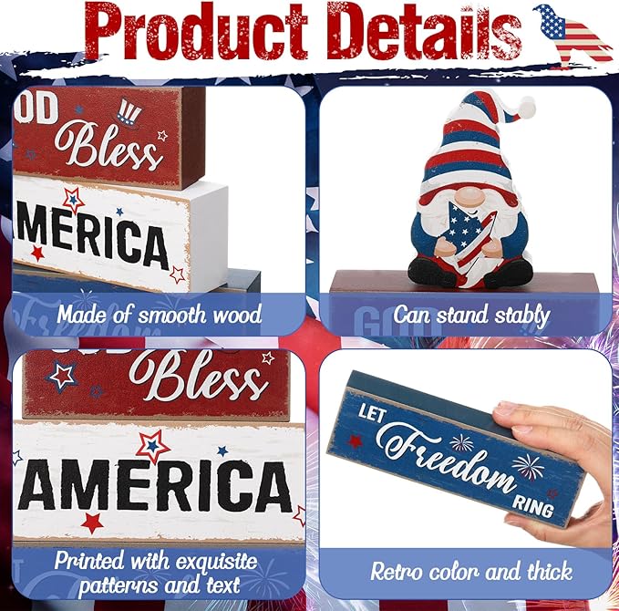 Blosssound 4 Pcs Patriotic Table Decorations Centerpieces 4th of July Wooden Signs Gnome Red White and Blue God Bless America Wood Block Gifts for Independence Memorial Day Tiered Tray Mantel Shelf