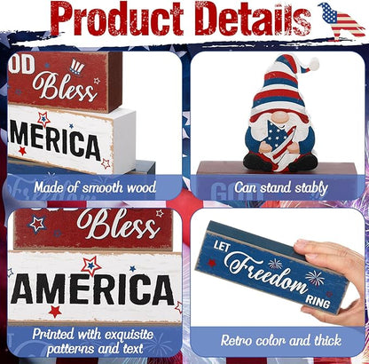 Blosssound 4 Pcs Patriotic Table Decorations Centerpieces 4th of July Wooden Signs Gnome Red White and Blue God Bless America Wood Block Gifts for Independence Memorial Day Tiered Tray Mantel Shelf