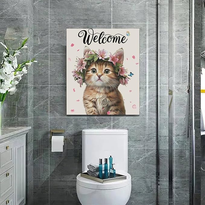Cat Wall Art Welcome Cats Pictures Wall Decor Flower Cat Canvas Painting Home Modern Artwork Decorations Framed for Bathroom Living Room Bedroom Office 20 x 24 inch