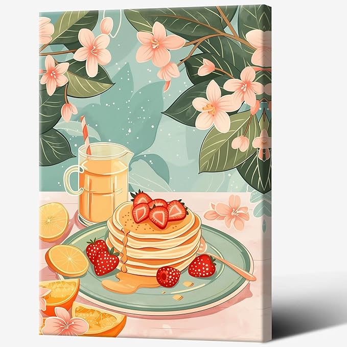 Vintage Food Afternoon Tea Kitchen Wall Art Funny Drinks Fruits Food Pastries Canvas Posters Funky Pink Strawberry Cake Orange Flowers Prints Painting For Living Room Wall Decor 8x10in Framed