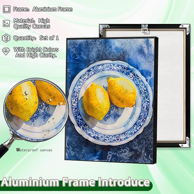 Vintage Yellow Fruit Orange Kitchen Wall Art Funky Blue Dining Table Plates Ceramics Canvas Posters Family Restaurant Food Fruits Prints Painting For Modern Living Room Wall Decor 16x24in Framed