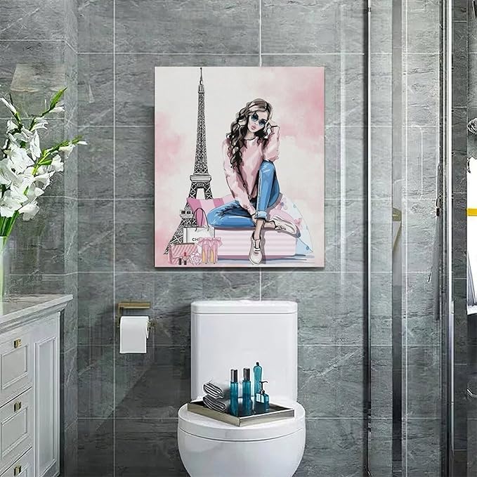 Pink Fashion Girls Wall Art Paris Glam Woman Pictures Room Decor Female Canvas Painting Print Eiffel Tower Home Makeup Artwork Decorations Framed for Bathroom Living Room Bedroom Office 20 x 24 inch