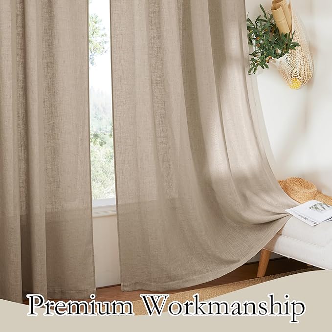 RYB HOME Linen Curtains for Windows - Airy Semi Sheer for Bathroom Kids Room Doorway, Privacy Assured Home Decor Elegant Shabby Chic, 52 inch Width x 102 inch Length, Khaki, 2 Panels Set