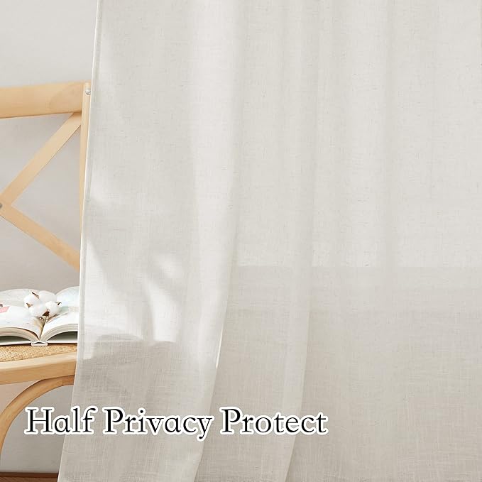 RYB HOME Linen Sheer Valances for Windows, Home Decor Light Filtering Rod Pocket Privacy Semi Sheer Ties for Bedroom Cafe Kitchen, W34 x L24 inches, Linen, 2 Panels