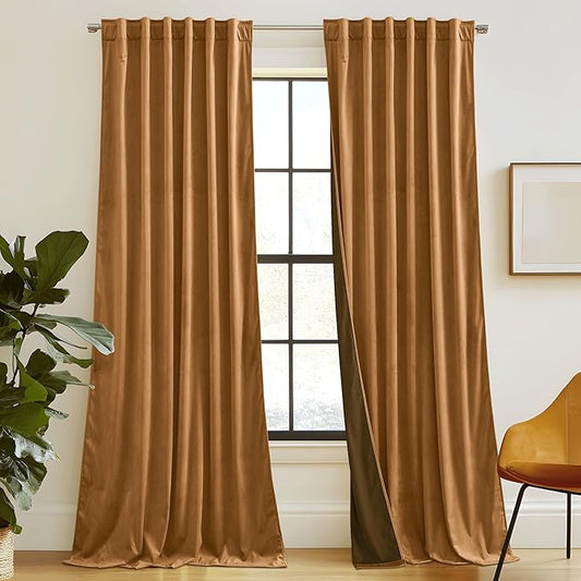 RYB HOME Luxurious Bronze Velvet Curtain Panels for Living Room Bedroom, Heavy Duty Thermal Insulated Floor-Length Back Tab Velvet Drapes for Vintage Decor, 52" W x L90 L, 2 Panels Set
