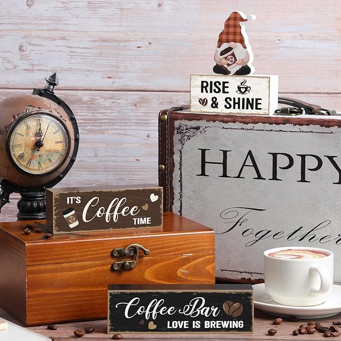 Blosssound 4 Pcs Coffee Bar Table Decorations Centerpieces Coffee Bar Wooden Signs Farmhouse Brown White Gnome Café Rustic Wood Block Gifts for Tiered Tray Mantel Shelf Home Cafe Lover Party Kitchen