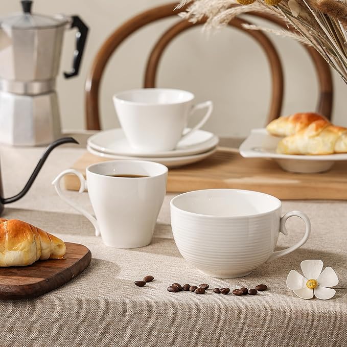 Coffee Cups with Saucers, Cappuccino Mug Set of 4 (10oz), Ceramic White Tea Mugs with Saucers, Microwave and Dishwasher Safe, for Home, Cafe, Bridal Shower, and Housewarming