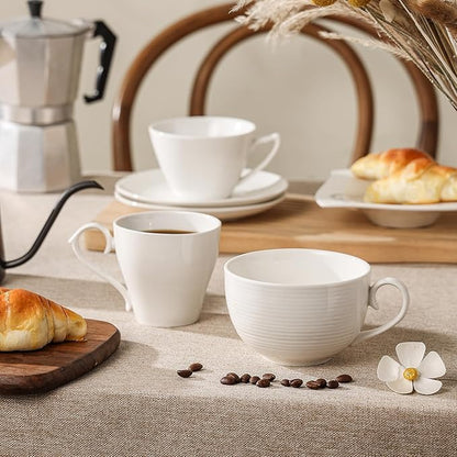 Coffee Cups with Saucers, Cappuccino Mug Set of 4 (10oz), Ceramic White Tea Mugs with Saucers, Microwave and Dishwasher Safe, for Home, Cafe, Bridal Shower, and Housewarming