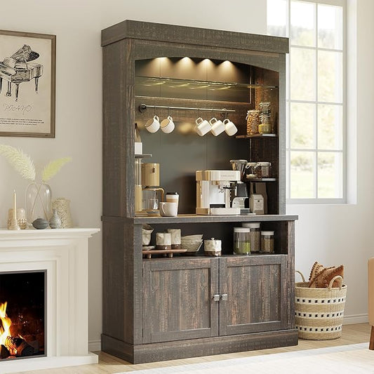 Coffee Bar Cabinet with LED Lights 72" Tall Buffet Cabinet with Storage Farmhouse Kitchen Sideboard Tall Coffee Hutch with Microwave Stand/Wine Rack/Glass Shelf Dining Room (Oak)