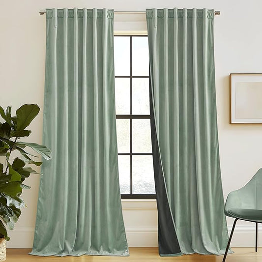 RYB HOME Mint Green Velvet Curtains 102 inches Long, Room Darkening, Floor-Length, Stylish Back Tab Velvet Drapes for Nursery Living Room Office, 52" W x L102 L, Auqa