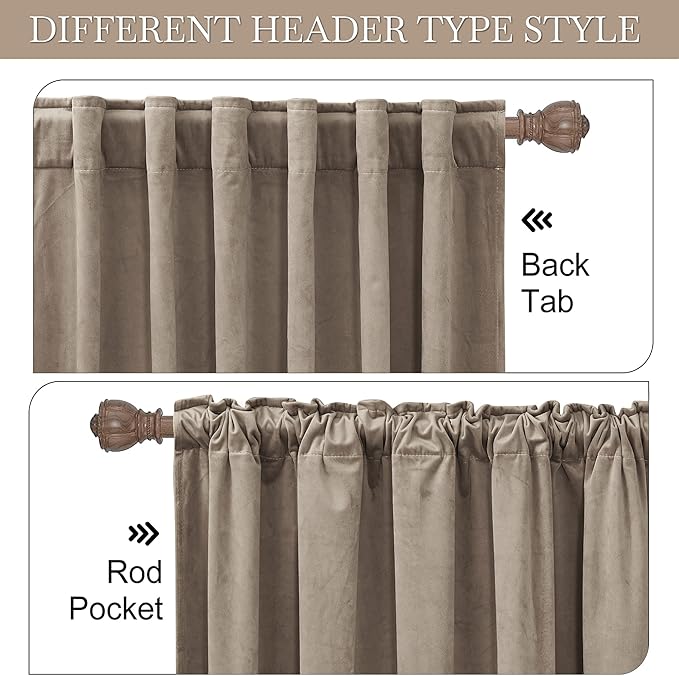 RYB HOME Taupe Velvet Curtains 102 inches, Back Tab Soft Fabric Room Darkening Thermal Insulated Luxurious Home Decor Curtains for Living Room Bedroom, W 52" x L 102", 2 Panels Set