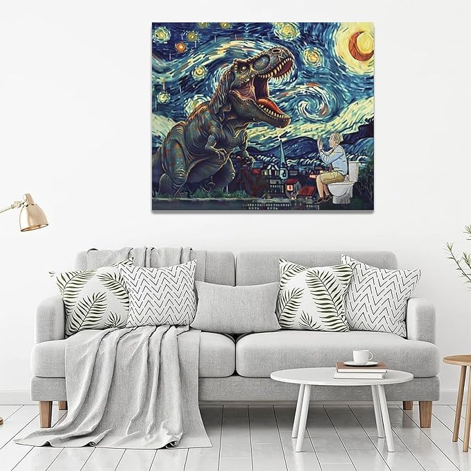 Dinosaur Bathroom Wall Art Starry Night Funny Bathroom Pictures Wall Decor Dinosaur Canvas Painting Print Home Modern Artwork Decorations Framed for Bathroom Living Room Bedroom Office 24 x 20 inch
