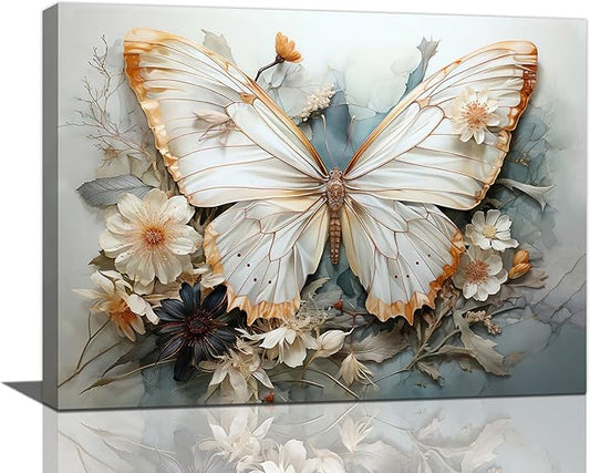 Butterfly Flower Decor Wall Art Aesthetic Butterfly Pictures Wall Decor Abstract Butterfly Floral Canvas Painting Modern Artwork Decorations Framed for Bathroom Living Room Bedroom Office 24x20inch