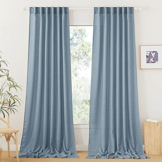 RYB HOME Semi Sheer Curtains for Living Room Dining Room, Linen Texture Window Decor Sun Protection Modern for Bathroom Doorway, W 52 x L 102 inch, 2 Pcs, Dusty Blue