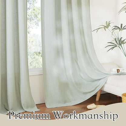 RYB HOME Linen Sheer Curtains for Window Treatments, Light Filtering Privacy Modern Flax Linen Texture Drapes for Dining Room Home Office Bedroom, W 70 x L 84 inches, Sage Green, 2 Panels