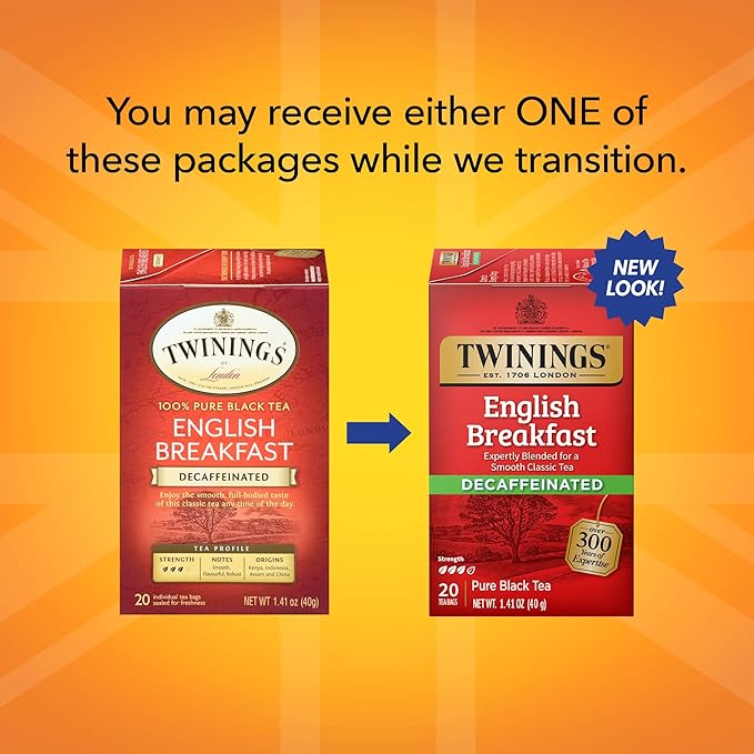 Twinings Decaffeinated English Breakfast Individually Wrapped Bags, 20 Count (Pack of 6), Flavourful & Robust, Enjoy Hot or Iced | Packaging May Vary