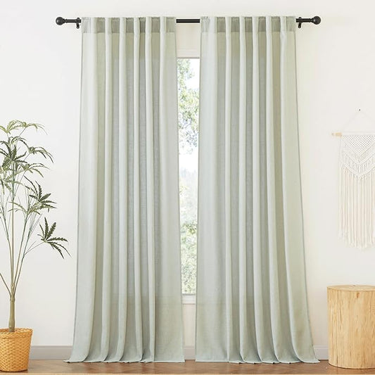 RYB HOME Natural Linen Curtains for Sliding Glass Door Bedroom, Semi Transparent Half Privacy 102 inches Long Rustic Semi Sheer 2 Panels Set, W 52 x L 102 inches, Sage Green, 2 Panels
