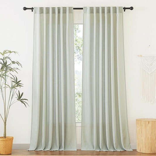 RYB HOME Green Linen Curtains Extra 70 inches Widith, Light Filtering Privacy Assured Machine Washable Vintage for Bedroom Kids Room Bathroom, W 70 x L 84 inch, 2 Pcs, Sage Green
