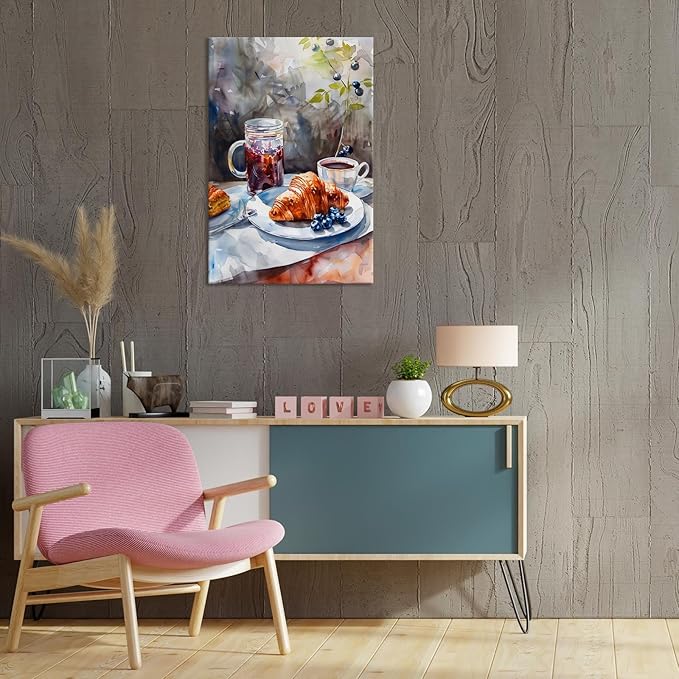 Vintage Coffee Food Kitchen Wall Art Colorful Bread Pastries Drinks Canvas Posters Funky Dining Table Plates Afternoon Tea Prints Painting For Modern Dining Room Cafe Wall Decor 8x10in Framed