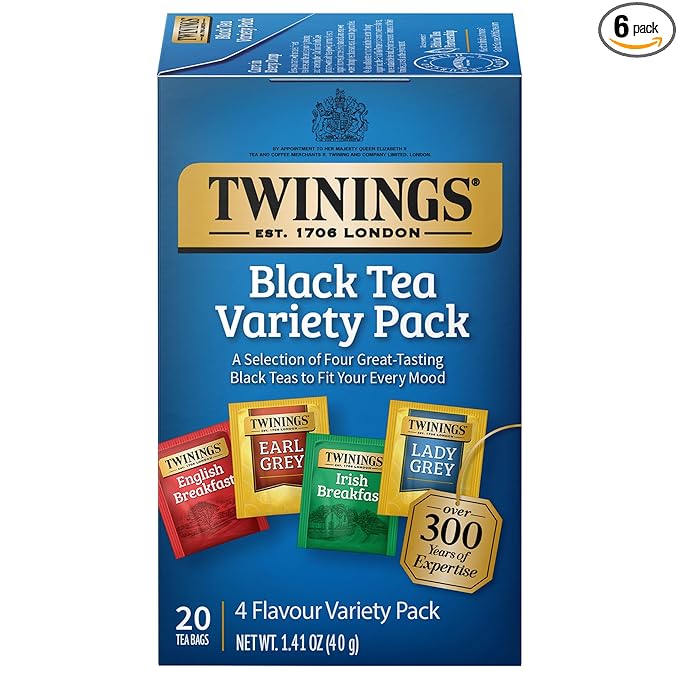 Twinings Variety Pack Black Tea Bags, 20 Count (Pack of 6), Includes English Breakfast, Early Grey, Irish Breakfast, and Lady Grey, Caffeinated, Enjoy Hot or Iced | Packaging May Vary