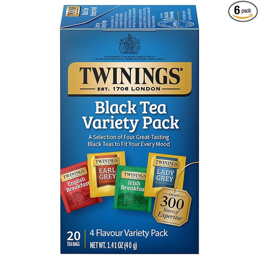 Twinings Variety Pack Black Tea Bags, 20 Count (Pack of 6), Includes English Breakfast, Early Grey, Irish Breakfast, and Lady Grey, Caffeinated, Enjoy Hot or Iced | Packaging May Vary