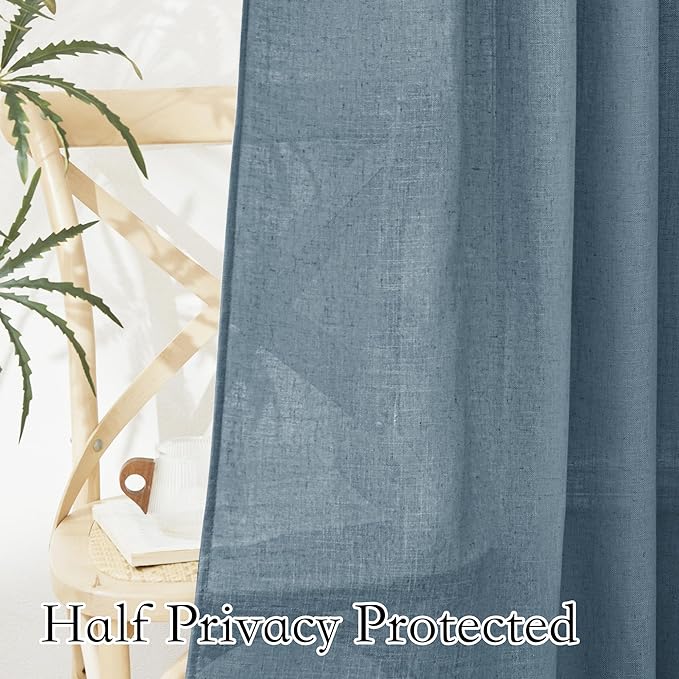 RYB HOME Linen Curtains 102 inch Length for Dining Room Doorway, Back Tab Light Filtering Breathable Privacy Assured Durability Window Treatments, W 52 x L 102 inch, 2 Pcs, Stone Blue