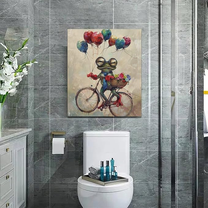 Banksy Frog Wall Art Funny Frog Pictures Vintage Canvas Wall Decor Painting Pop Home Modern Artwork Decorations Framed for Living Room Bedroom Bathroom Office 20 x 24 inch