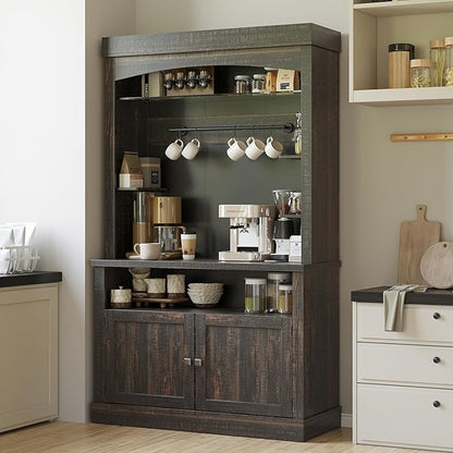 Coffee Bar Cabinet with LED Lights 72" Tall Buffet Cabinet with Storage Farmhouse Kitchen Sideboard Tall Coffee Hutch with Microwave Stand/Wine Rack/Glass Shelf Dining Room (Oak)